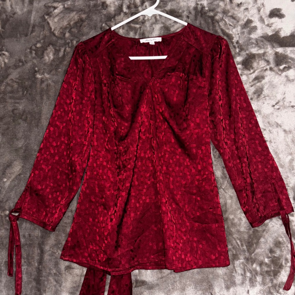 Monday Fun Women's Burgundy Long Sleeve Tie Waist Blouse Top Size S
